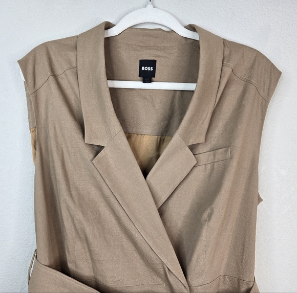 Boss Womens Career Dress Sz 14 Faux Wrap Linen Blend Pockets Lined Beige Belted - Picture 3 of 16